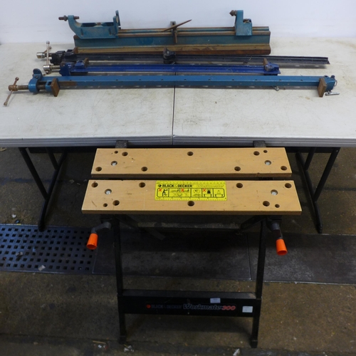 2019 - Three assorted sash clamps, a Black and Decker workmate and a hobby lathe