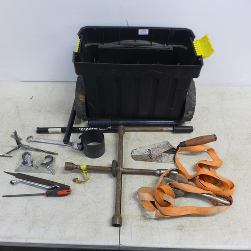 2066 - A quantity of hand tools including a wheel nut wrench, sockets, hand pumps, spanners etc.