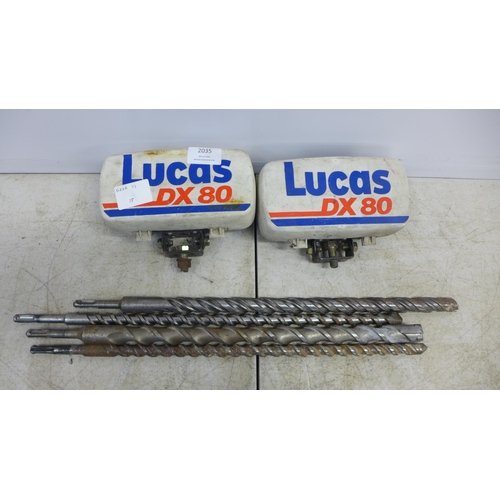 2035 - Two Lucas DX80 spot lights for a Land Rover and four long bore drill bits