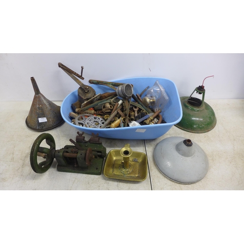 2056 - A quantity of assorted items including a key cutter, lamp shades, a brass candle holder, gears, etc.