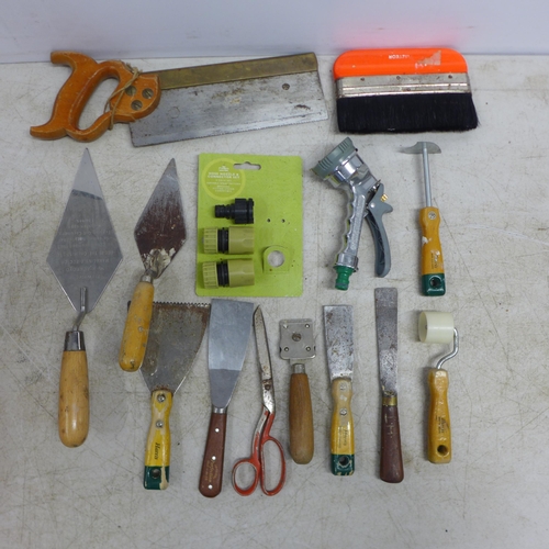 2081 - A quantity of assorted hand tools and other items including hammers, screwdrivers, screws, hooks, ca... 