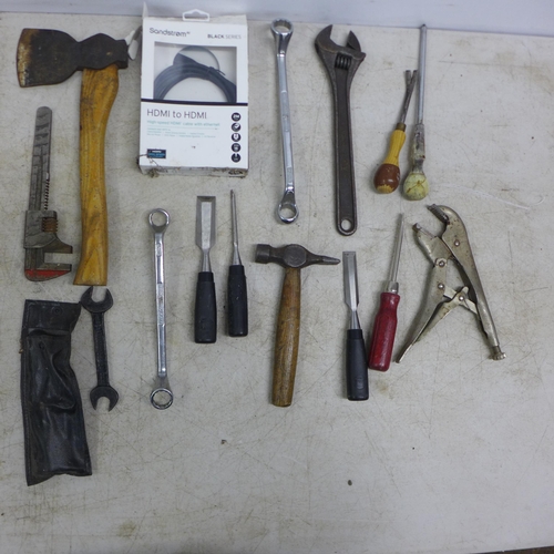 2081 - A quantity of assorted hand tools and other items including hammers, screwdrivers, screws, hooks, ca... 