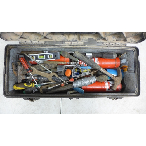 2083 - A Stanley tool box with quantity of tools including spanners, hammers, screwdrivers etc.