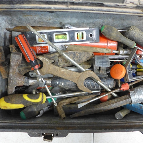 2083 - A Stanley tool box with quantity of tools including spanners, hammers, screwdrivers etc.