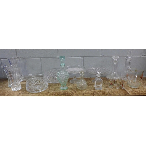 1001 - A collection of glassware including Tazzas, decanters (one The Queen Mother 1980 example), bowls and... 