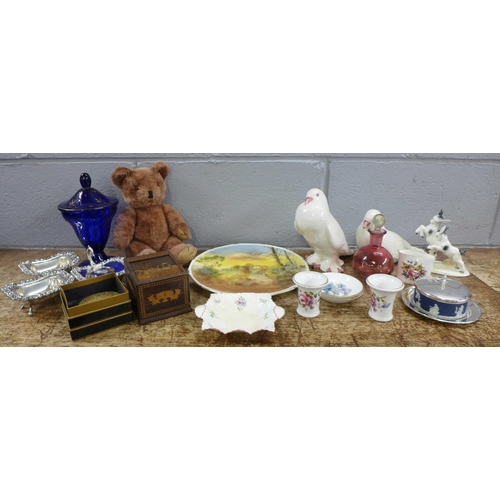 1002 - A Royal Doulton Cawdor castle plate, signed, a cobalt blue vase, a teddy bear, a scent bottle, a cig... 