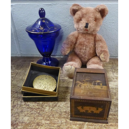 1002 - A Royal Doulton Cawdor castle plate, signed, a cobalt blue vase, a teddy bear, a scent bottle, a cig... 