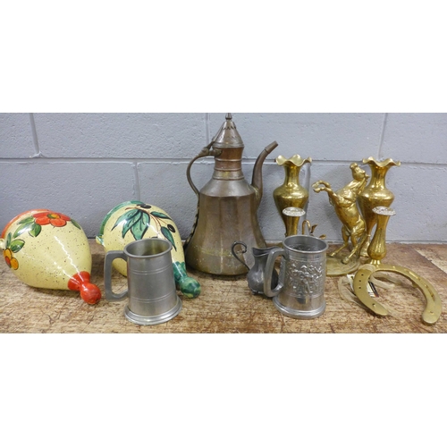 1008 - Two wall pockets, brassware, an Eastern coffee pot and two mugs **PLEASE NOTE THIS LOT IS NOT ELIGIB... 