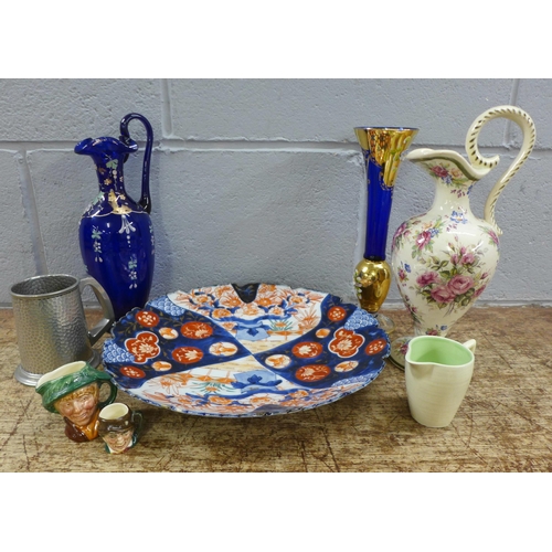 1014 - Mixed china and glass including an Imari charger, porcelain vase, two Bristol blue pieces of Bohemia... 