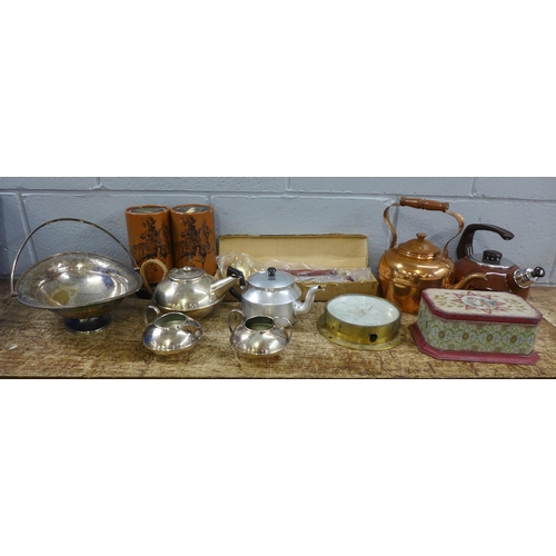 1022 - A collection of plated ware, including three piece tea service, two goblets, copper kettle, etc. **P... 