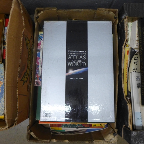 1046 - Three boxes of art books and three large Atlas including The Times tenth edition Atlas of the World ... 