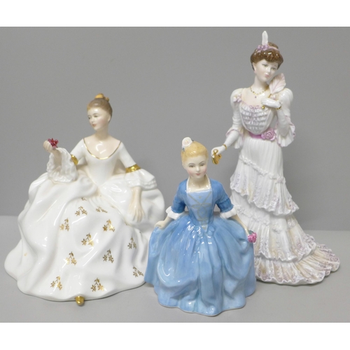 602 - A Coalport Golden Age Eugenie figure, boxed, a Royal Doulton My Love and A Child from Williamsburg f... 