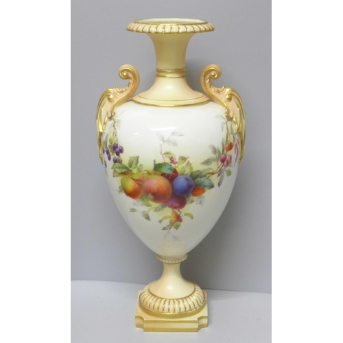 611 - A Royal Worcester hand painted vase decorated with fruit and berries, 1901, base restored, 32cm, a/f