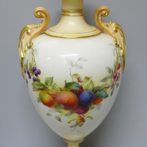 611 - A Royal Worcester hand painted vase decorated with fruit and berries, 1901, base restored, 32cm, a/f