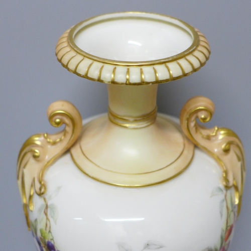 611 - A Royal Worcester hand painted vase decorated with fruit and berries, 1901, base restored, 32cm, a/f