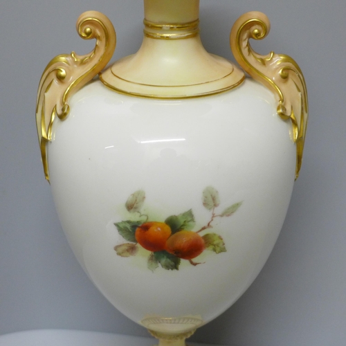 611 - A Royal Worcester hand painted vase decorated with fruit and berries, 1901, base restored, 32cm, a/f