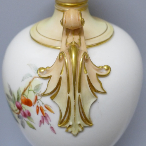 611 - A Royal Worcester hand painted vase decorated with fruit and berries, 1901, base restored, 32cm, a/f