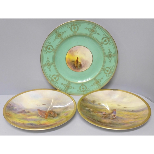 612 - Three Royal Worcester cabinet plates, decorated with grouse, all a/f, signed Jas Stinton