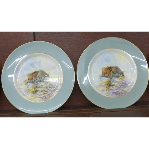 615 - Six Royal Worcester hand painted cabinet plates with Highland Cattle, signed J. Stinton