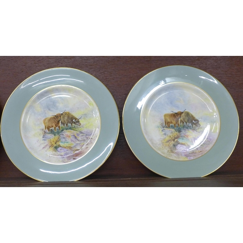 615 - Six Royal Worcester hand painted cabinet plates with Highland Cattle, signed J. Stinton