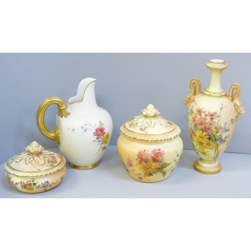 618 - Two Royal Worcester blush ivory vases, 1898, 1901, one a/f, handle chipped and two lidded pots