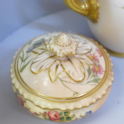 618 - Two Royal Worcester blush ivory vases, 1898, 1901, one a/f, handle chipped and two lidded pots