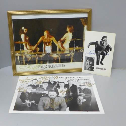 619 - Eric Delaney, Cliff Bennett & the Rebel Rousers and Norman Collier signed photographs