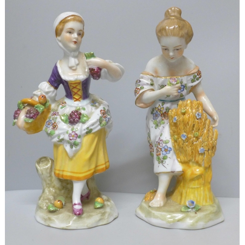 622 - A pair of Sitzendorf continental porcelain figures of ladies, 14.5cm and 15cm