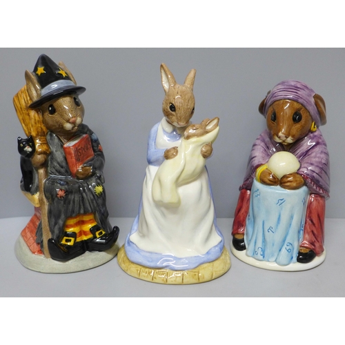 623 - Three Royal Doulton figures of rabbits including two jugs - Witching-Time Bunnykins, Fortune Teller ... 