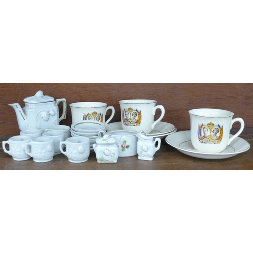 627 - Miniature cups, saucers, teapot and three Royal Commemorative cups and saucers