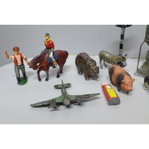 629 - Assorted lead figures, military, railway, animals, etc.