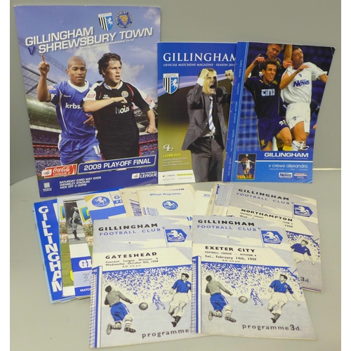 630 - Thirty-three Gillingham home and away programmes, 1950s onwards, including 2009 League 2 play-off fi... 