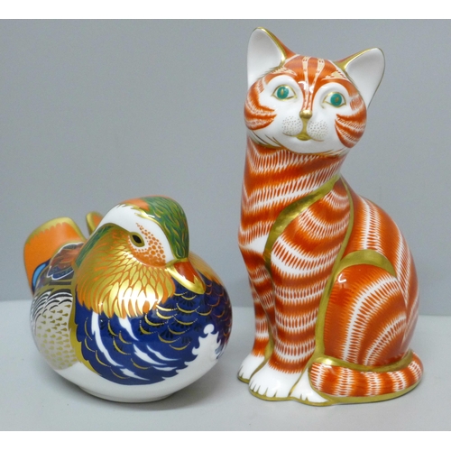 633D - Two Royal Crown Derby paperweights, ginger cat and mandarin duck, both with silver stoppers