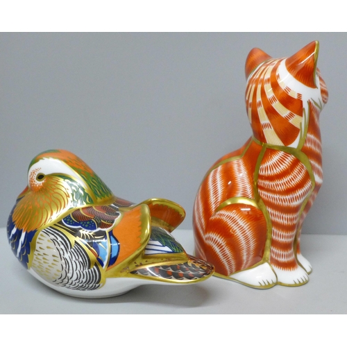 633D - Two Royal Crown Derby paperweights, ginger cat and mandarin duck, both with silver stoppers