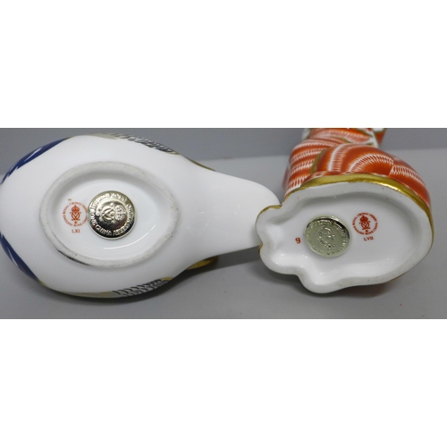 633D - Two Royal Crown Derby paperweights, ginger cat and mandarin duck, both with silver stoppers