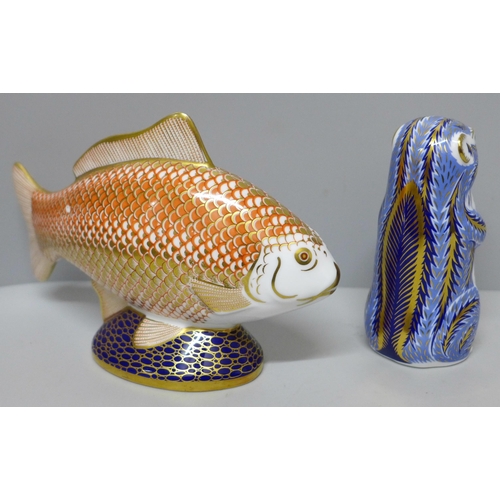 634 - Two Royal Crown Derby paperweights, golden carp and chipmunk, carp with blemish on back and missing ... 