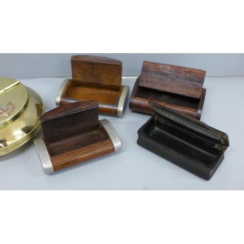 635 - Four snuff boxes and a brass ashtray with copper anchor detail