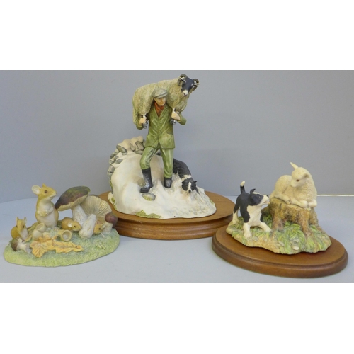 637 - A Border Fine Arts figure on stand, Winter Rescue and a Sheepdog and Lamb figure and a Family Life, ... 