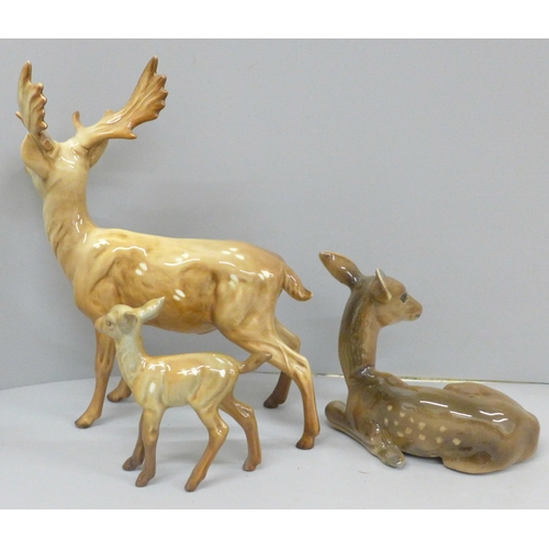 642 - A Beswick stag, doe and fawn, one antler on stag chipped