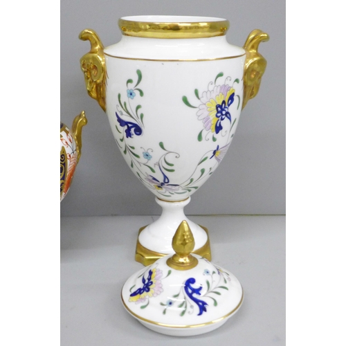 643 - A Royal Crown Derby 1227 shape Imari vase, lacking cover and a Coalport Pageant lidded vase, 21.5cm