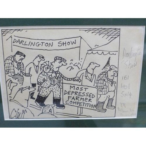 656 - Three original 'Cluff' cartoons, Northern Echo, framed and mounted