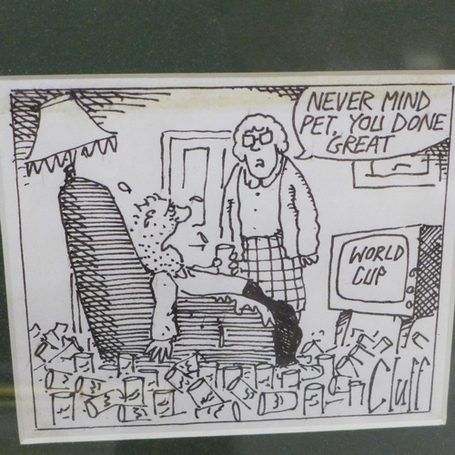 656 - Three original 'Cluff' cartoons, Northern Echo, framed and mounted