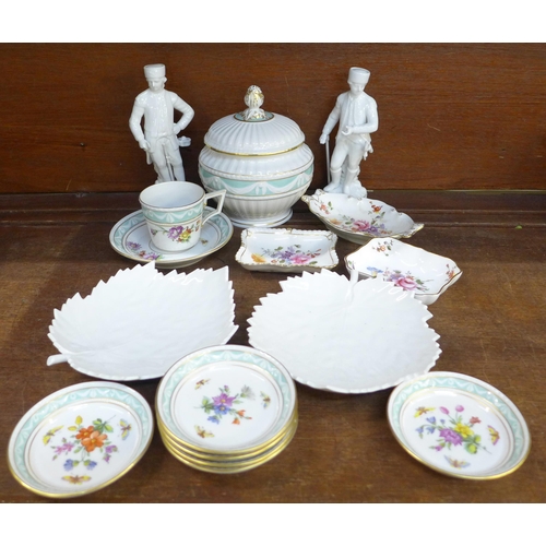 665 - A KPM Berlin lidded sugar basin, six dishes, cup and saucer, three Royal Crown Derby pin dishes, a p... 