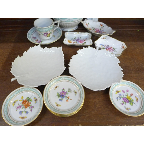 665 - A KPM Berlin lidded sugar basin, six dishes, cup and saucer, three Royal Crown Derby pin dishes, a p... 