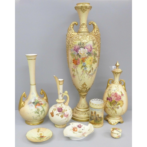 666 - Eight items of Royal Worcester, a tall blush ivory vase decorated with flowers, lacking cover, 43cm,... 