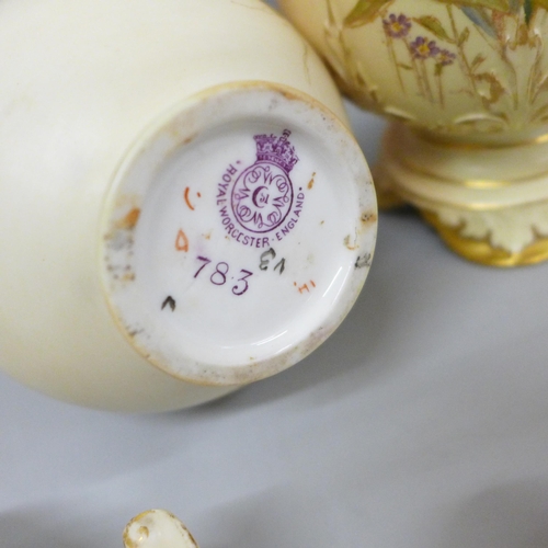 666 - Eight items of Royal Worcester, a tall blush ivory vase decorated with flowers, lacking cover, 43cm,... 