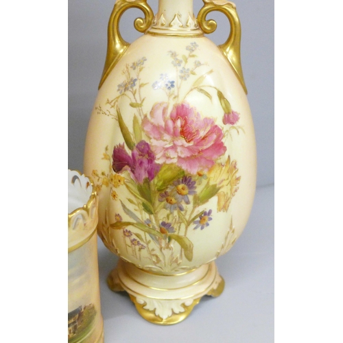 666 - Eight items of Royal Worcester, a tall blush ivory vase decorated with flowers, lacking cover, 43cm,... 