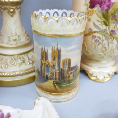 666 - Eight items of Royal Worcester, a tall blush ivory vase decorated with flowers, lacking cover, 43cm,... 