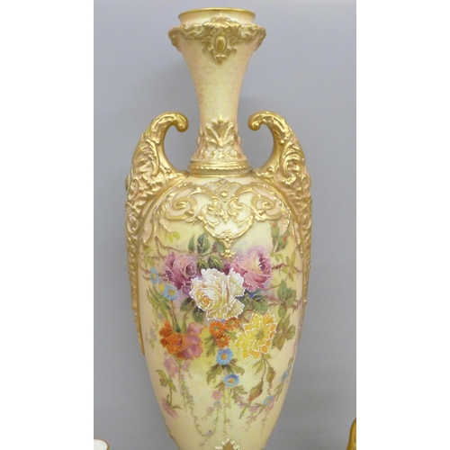 666 - Eight items of Royal Worcester, a tall blush ivory vase decorated with flowers, lacking cover, 43cm,... 