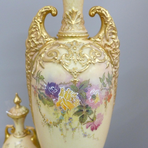 666 - Eight items of Royal Worcester, a tall blush ivory vase decorated with flowers, lacking cover, 43cm,... 